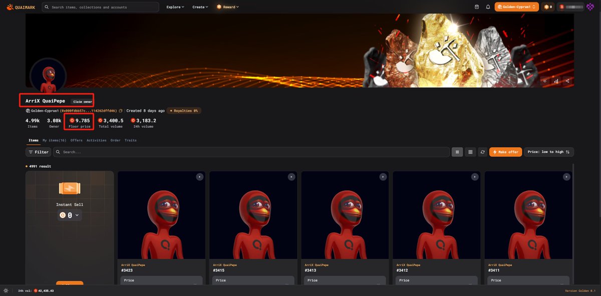 恭喜昨天在 arrix.io/quai/ 平台免费mint NFT的小伙伴们，目前ArriX QuaiPepe NFT 地板价已经来到了 10 $QUAI ,我个人觉得还会继续涨，没有mint成功的小伙伴，可以到 quaimark.com/collection/0x0… 市场购买， <a href="/QuaiNetwork/">Quai Network ⚡️💵</a> 可能近期就要TGE,可以买一个防身！
<a href="/Azuki/">Azuki</a>