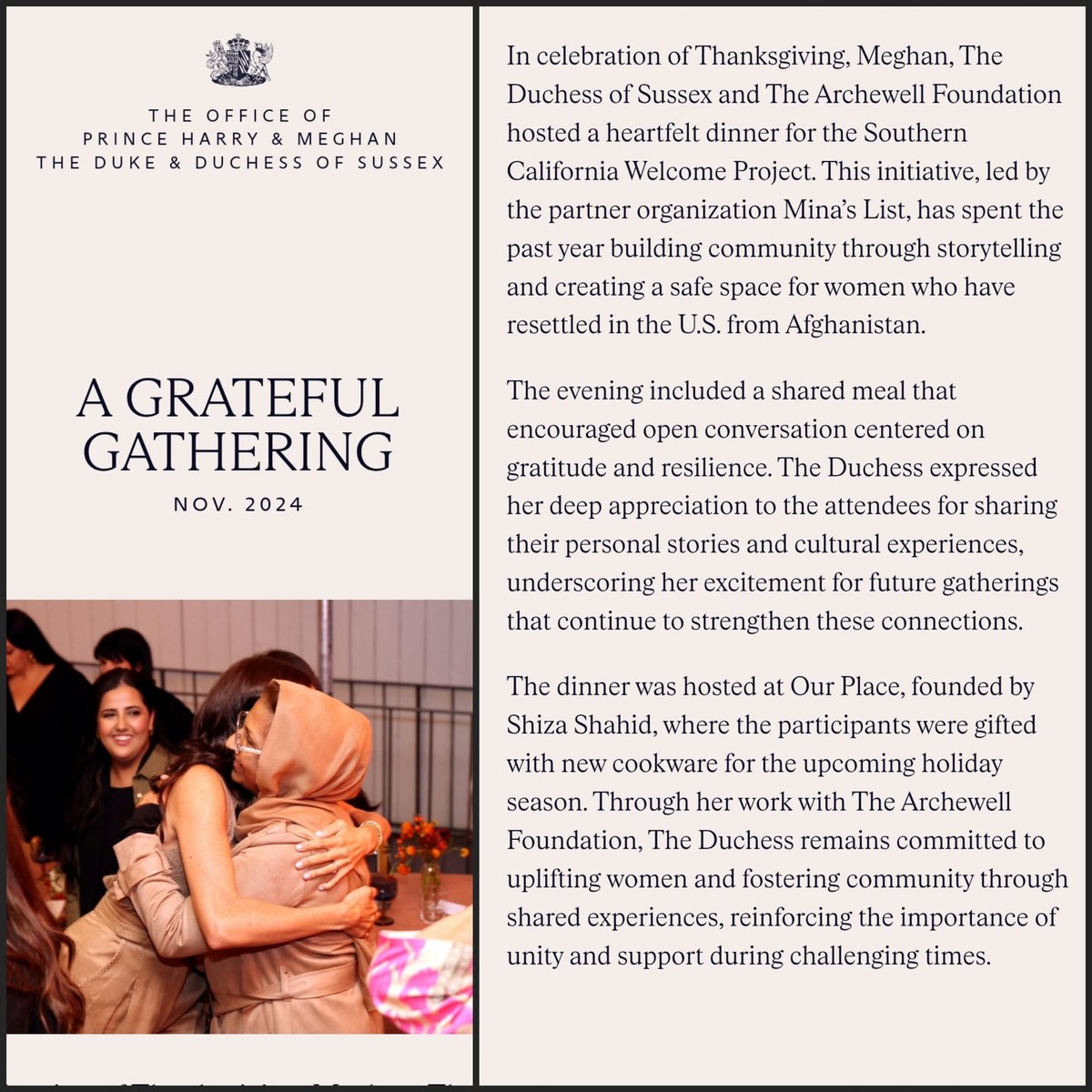 PhlyGerl's tweet image. Through her work with The Archewell Foundation, The Duchess remains committed to uplifting women and fostering community through shared experiences, reinforcing the importance of unity &amp;amp; support during challenging times.&quot; #TheWelcomeProject #SoCal #Meghan 
sussex.com/a-grateful-gat…