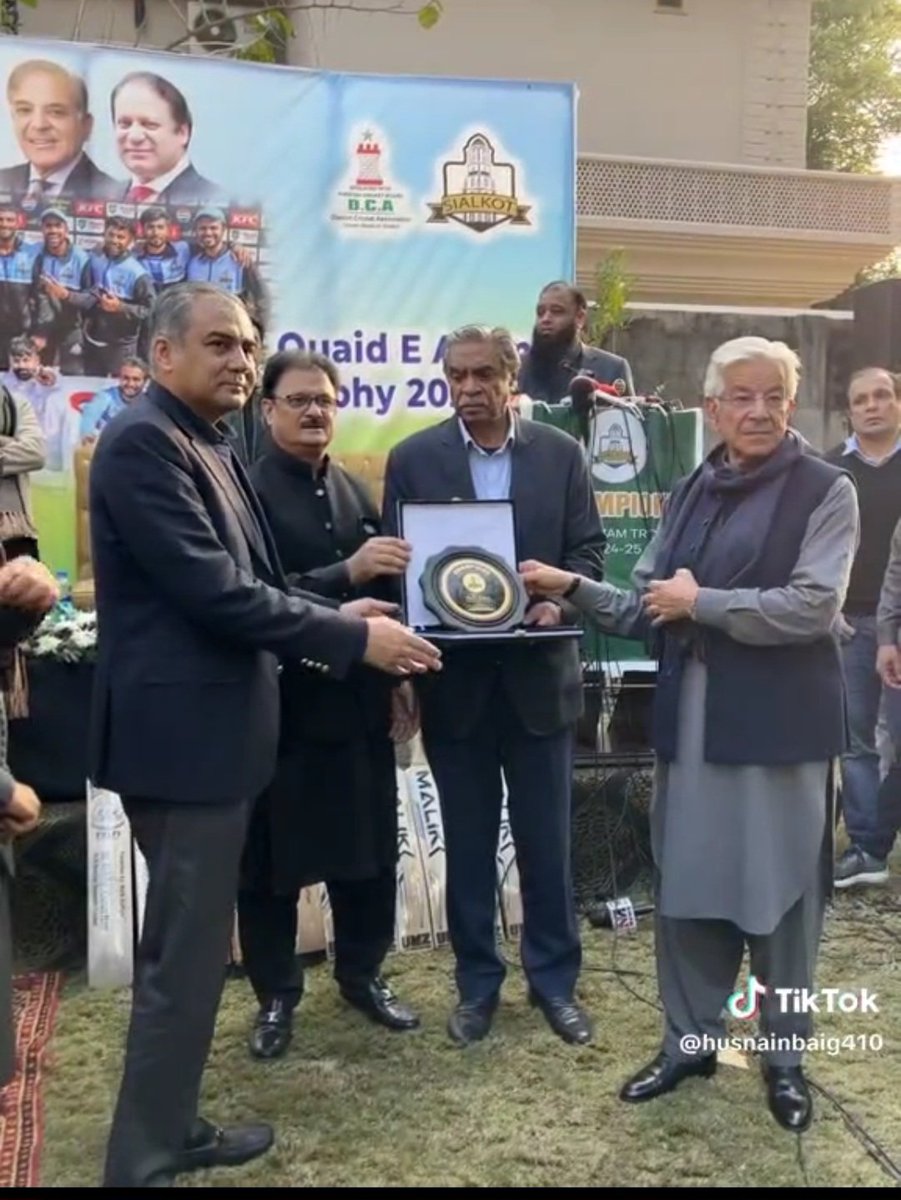 Defence Minister <a href="/KhawajaMAsif/">Khawaja M. Asif</a>, Interior Minister &amp; Chairman PCB <a href="/MohsinnaqviC42/">Mohsin Naqvi</a> and Zulfi-The-Tiger (ex-Member M PCB Zulfiqar Malik) are honouring Shakil Shaikh, President RCA Islamabad &amp; ex-Member BoGs PCB by giving him honourary-champ shield in a function held at Kh Asif