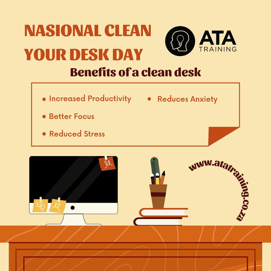 ATATraining's tweet photo. ✨ Clear desk, clear mind! ✨ Celebrate National Clean Your Desk Day by decluttering your workspace for better focus, productivity, and creativity! 🧹💼

#ATA #vision #ata #atatraining  #CleanDeskDay #DeclutterYourSpace #ProductivityBoost #WorkspaceGoals" https://t.co/2fgQIwQBMZ