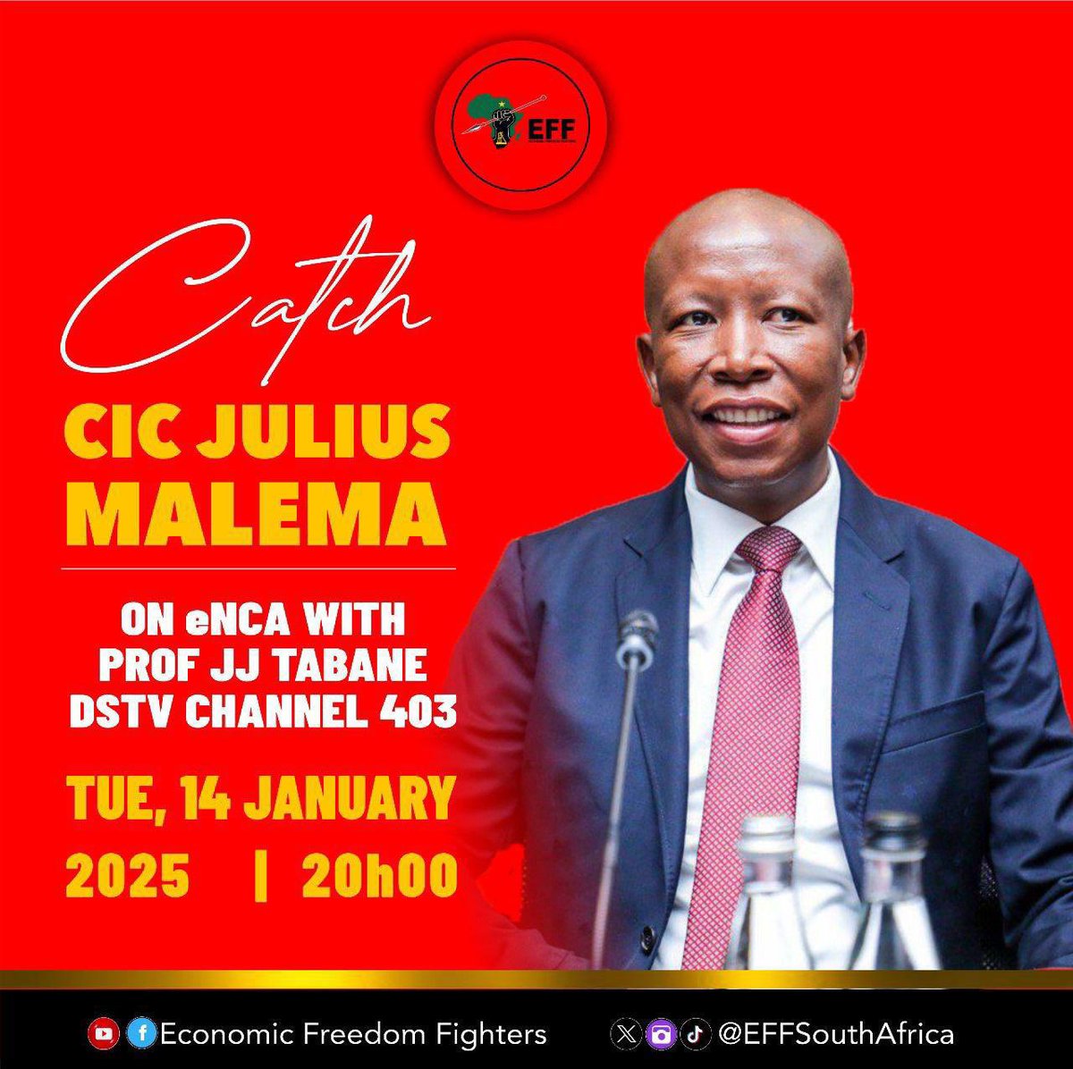 sandekile's tweet image. The president and commander in chief will be addressing the nation live on ENCA after 5years of them not hosting EFF❤️ lead us Mr President @Julius_S_Malema 
@EFFSouthAfrica 
#Defend
#rebuild 
#Advance
