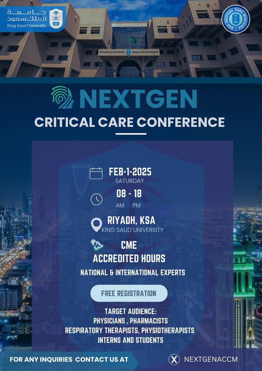 NextGenACCM's tweet photo. 📣Announcement📣
We are thrilled to announce our upcoming event 
NEXTGEN Critical Care Conference
taking place in Riyadh, Saudi Arabia on February 1, 2025

This groundbreaking event will explore the intersection of artificial intelligence and critical care, highlighting innovations that are transforming patient outcomes and clinical practices.

**Conference Highlights:**
- Expert speakers from around the globe
- AI applications in critical care
- Interactive sessions & Expo
- Networking opportunities with professionals in the field

Join us for a day of insightful discussions and collaborative learning, as we delve into the future of critical care medicine through the lens of AI.

Registration link will be available soon 🔗