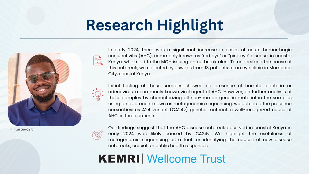 KEMRI-Wellcome Trust (@kemri_wellcome) on Twitter photo 📚Our #ResearchHighlight: <a href="/Arnold_Snr/">_W</a> et al. have a newly published article titled " Identification of coxsackievirus A24 variant during an acute hemorrhagic conjunctivitis outbreak in coastal Kenya, 2024"
See the summary and link below to read more!
 medrxiv.org/content/10.110… 📚Our #ResearchHighlight: <a href="/Arnold_Snr/">_W</a> et al. have a newly published article titled " Identification of coxsackievirus A24 variant during an acute hemorrhagic conjunctivitis outbreak in coastal Kenya, 2024"
See the summary and link below to read more!
 medrxiv.org/content/10.110…
