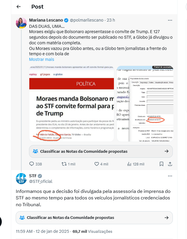 drpaulofaria22's tweet photo. O STF, quem diria, manifestou-se sobre esse "vazamento", respondendo a um tweet da @polmarilescano .. acredite! 

Queria entender com explicações lógicas, senhores do @STF_oficial :

a) ASSESSORIA DE IMPRENSA funcionando dia de sábado, em pleno recesso?
b) NENHUMA ASSESSORIA DE IMPRENSA pode encaminhar decisão judicial para a imprensa, esse não é e nunca foi o seu papel, especialmente, dentro de um tribunal, ou possuem tal incumbência? Quem delegou?
c) QUAIS VEÍCULOS enviaram a decisão, com horários e destinatários?
d) COMO EXPLICAR a velocidade de publicação do G1, pouco mais de 2 minutos após a assinatura do arquivo pelo ministro (eu acho que foi ele), EXATOS 127 segundos?
e) QUEM AUTORIZOU O ENVIO À IMPRENSA?
f) POR QUÊ A DECISÃO NÃO FOI ENVIADA, primeiro, aos ADVOGADOS?

São apenas dúvidas, que reforçam a CARA DE PAU desse pessoal em COMETER ILEGALIDADES, e tentar justificar o injustificável.

Boa noite, e boa segunda a todos!