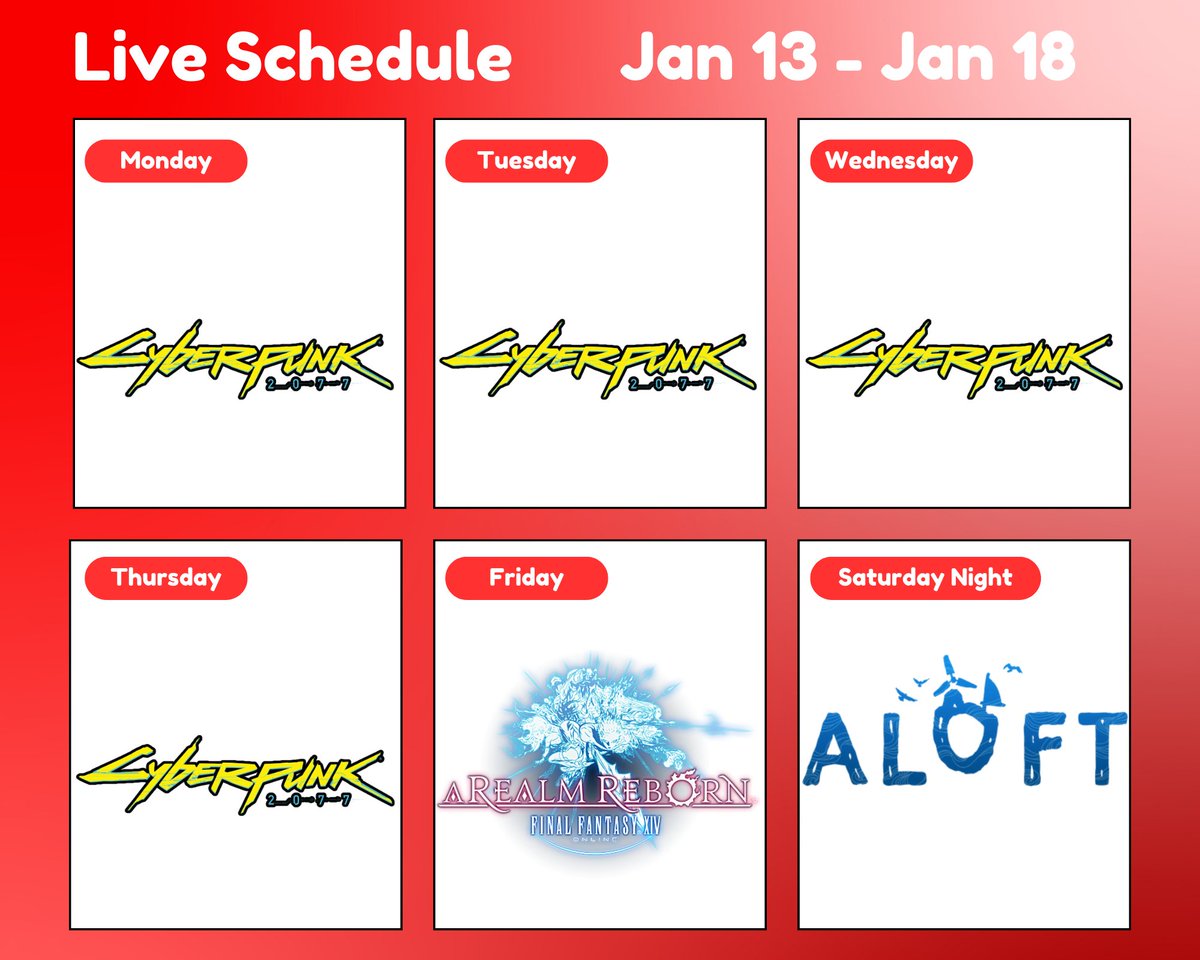 Monday-Thursday: Cyberpunk! Phantom Liberty is really kicking off! 
Friday: FFXIV! The End of A Realm Reborn! 
Saturday: Aloft! Another early access survival crafter! Maybe this time I won't be burnt!