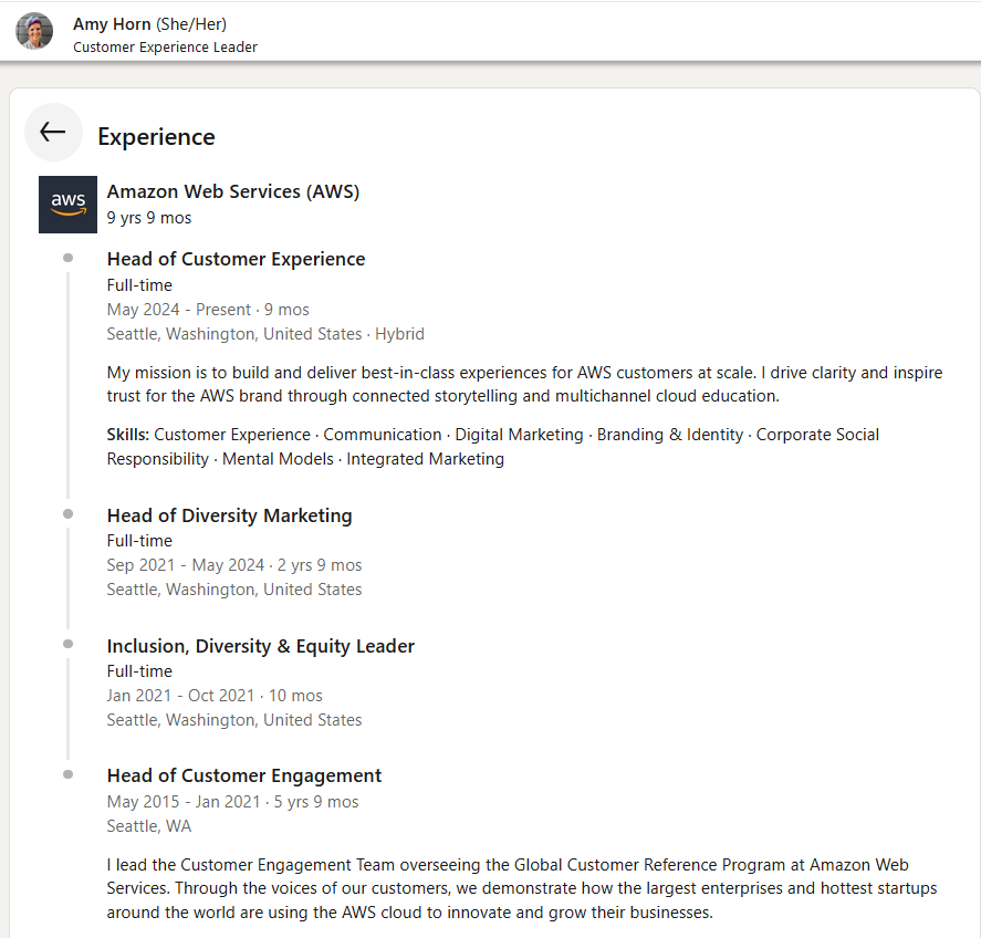 KirscheVerstahl's tweet photo. Unfortunately, like most other posts about companies "halting DEI policies" this is completely untrue.
AWS has a person attending BRIDGE's 2025 retreat in May as a part of their Steering Committee. Amy Horn is listed as AWS' "Customer Experience Evangelist"
While this job title has been used in the past at companies for tech-related job leaders, Amy's previous titles were DEI focused. This is similar subversion of language to Change Management. Change Management/Change Control is a term used for project management in general in corporations, however it is recently being applied to previous DEI officers in an attempt to obfuscate what their jobs and processes are to outside observers.

@Grummz posted a tweet with article screenshots about how amazon is winding down their DEI programs
However, in his 2nd screenshot the article states:
An archived version of the page from November 2024 shows two separate sections with the headings  “The  inequitable treatment of Black people is unacceptable,” and “The rights  of LGBTQ+ people must be protected.”

The current page removes both sections in favor of a single sentence reading

"We  also believe that inequitable treatment of anyone—including Black  people, LGBTQ+ people, Asians, women, and others—is unacceptable, and we  advocate for policies designed to remove barriers to equity and create  an inclusive environment for all employees."

This basically states they are changing nothing, all they did was combine 2 separate sections into 1.

Additionally in the screenshot it says
The company also replaced a section heading stating “Diversity, equity,  and inclusion are good for business—and more fundamentally, they’re  simply right.” with “We are committed to creating a diverse and  inclusive company that helps us build the best range of products and  services for our broad customer base.”

Once again, showing they have changed absolutely nothing and are not removing any aspects of DEI

Further, if you read more of the article not in Grummz screenshots you can read the full Amazon memo where they state
In the last few years we took a new approach, reviewing hundreds of  programs across the company, using science to evaluate their  effectiveness, impact, and ROI – identifying the ones we believed should  continue. Each one of these addresses a specific disparity, and is  designed to end when that disparity is eliminated. In parallel, we  worked to unify employee groups together under one umbrella, and build  programs that are open to all. Rather than have individual groups build  programs, we are focusing on programs with proven outcomes – and we also  aim to foster a more truly inclusive culture. You can read more about  this on our Together at Amazon page on A to Z.

Not only is this them admitting that they aren't scaling back any DEI programs due to backlash or how DEI is "toxic", but that the plan had been for these programs to end once specific goals have been reached. They do not name any specific programs or what goals have or have not been reached. At the end, the "Together at Amazon page on A to Z" is a link that takes you to a log in page asking for your amazon name and security pin so the page cannot be read. It appears only amazon employees can access the link and information therein.

They also state
This approach – where we move away from programs that were separate from  our existing processes, and instead integrating our work into existing  processes so they become durable— is the evolution to “built in” and  “born inclusive,” instead of “bolted on.” As part of this evolution,  we’ve been winding down outdated programs and materials, and we’re  aiming to complete that by the end of 2024.

This is BRIDGE language, they are evolving their programs to be part of the DNA of the company, to be integrated in every day practices, rather than a tacked on effort. Updating outdated programs is not getting rid of them.

Full archive of the article:
https://t.co/YZnWodUT0D

I've talked at length before, and will relink my tweet on Diversity Atlas and Amazon's partnership under this post. Diversity Atlas is the world's leading diversity data analytics platform from Cultural Infusion. AWS has released several playbooks since their partnership in 2021 on their planned trajectory for DEI policies. The last playbook was released in December 2023. AWS also released a white paper--also linked in my tweet below--in March 2024 about the benefits of using Diversity Atlas.
In August 2024, Diversity Atlas had a speaker at AWS' Imagine:Nonprofit and in October 2024 AWS and Diversity Atlas had speakers on a panel together at LeadWomen APAC DEI Summit 2024, Kuala Lumpur Malaysia.

AWS Imagine:Nonprofit page:
https://t.co/rxrGtRoMLd
LeadWomen APAC Summit information:
https://t.co/JxFsCiPh88

Amazon has not released a 2024 playbook with Diversity Atlas, but it does not seem like Amazon has stopped partnering with them. Does this mean Amazon is actually doing away with the playbook, or just that it is no longer publicly available, much like that link in the Verge article that is not accessible unless you are amazon personnel.

I am not trying to demoralize anyone, I am just tired of seeing people claiming we are winning or that DEI policy is being removed from places when in plain text these companies tell you "nothing is changing, the work will continue, we are committed to doing this work"