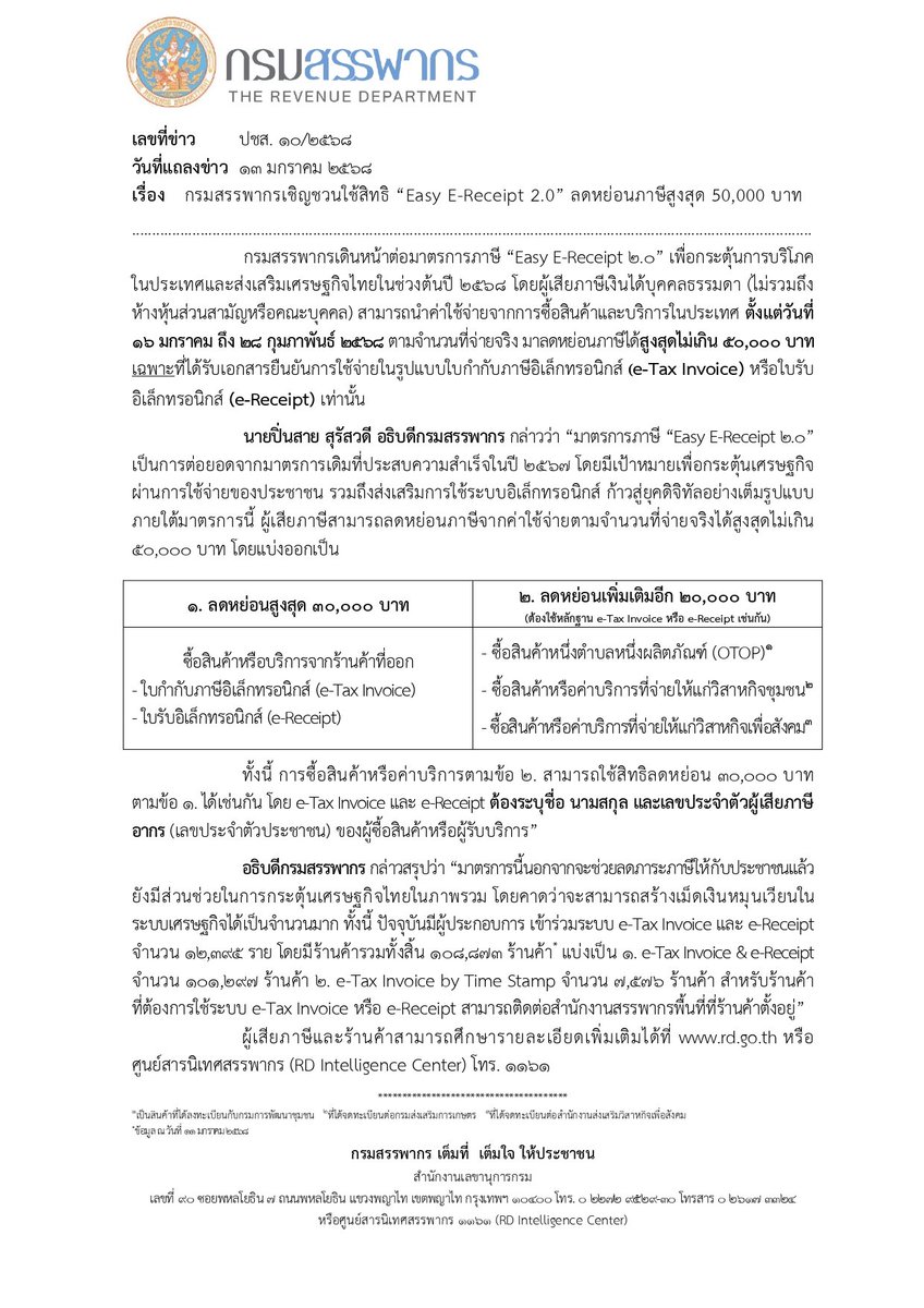 RevenueDept's tweet photo. กรมสรรพากรเชิญชวนใช้สิทธิ “Easy E-Receipt 2.0” ลดหย่อนภาษีสูงสุด 50,000 บาท
#กรมสรรพากร https://t.co/kbxFjX5o49