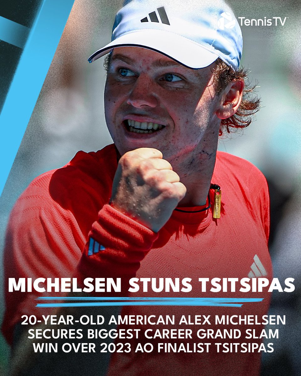 TennisTV's tweet photo. The first upset of the 2025 Australian Open belongs to Next Gen star Alex Michelsen! 🇺🇸
#AO2025 https://t.co/si2Mbi9kdX