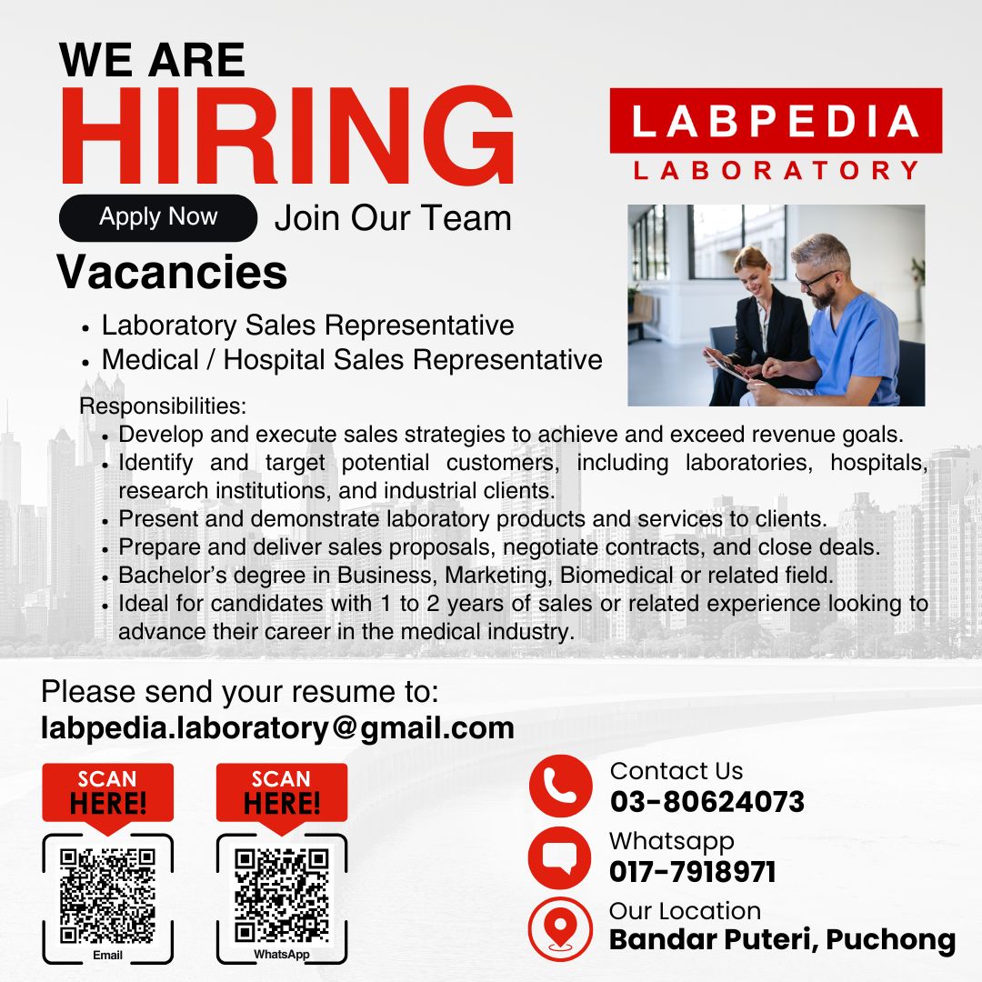 kpmcp's tweet photo. We’re Hiring! 

Are you passionate about driving sales in the healthcare and laboratory sectors? Do you thrive in a fast-paced, dynamic environment where you can make a meaningful impact?
—
Kindly call us at 03 8062 4073 or email us at labpedia.laboratory@gmail.com https://t.co/nqHA7Je8Nb