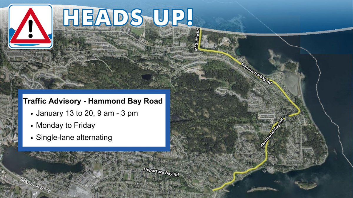 Heads up #Nanaimo commuters! Single-lane alternating traffic is required this week in locations along Hammond Bay Road (between Departure Bay and McGuffie Road). Please slow down and be prepared to stop. Traffic control personnel will be on hand to direct vehicles. #YCD
