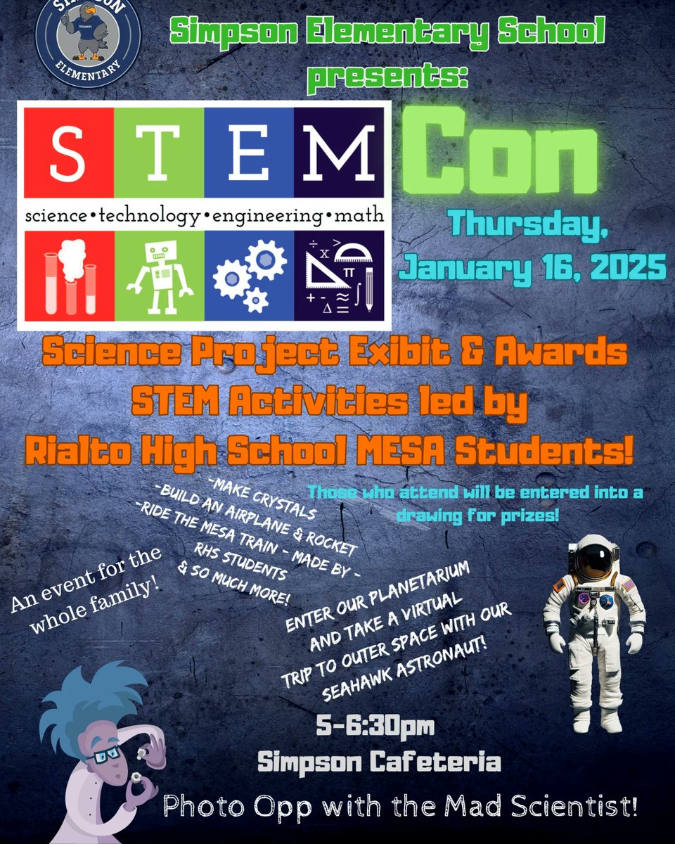 RialtoSimpson's tweet photo. 🌟🚀 Join us for an unforgettable night of discovery at Simpson Elementary's STEMCon / Family Math &amp; Science Night! 🚂🔬
📅 Date: Thursday, January 16th 5pm to 6:30 pm
📍 Location: Simpson Elementary Multipurpose Room
Dive Into Discovery! https://t.co/rUBnaKYzLJ