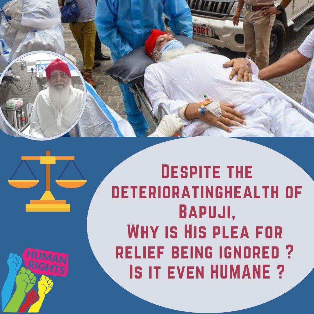 #BailOnHealthGrounds
Sant Shri Asharamji Bapu विरुद्ध सबूत हैं नही, केस उनका फर्जी है, उम्र 87 + है , स्वास्थ्य गम्भीर रहता है, बहुत सी स्वास्थ्य प्रॉब्लम्स वे झेल रहे हैं और वृद्ध सन्त इतनी ठंड में ये कैसे झेलेंगे ? उन्हें बेल दी जाए स्थायी।