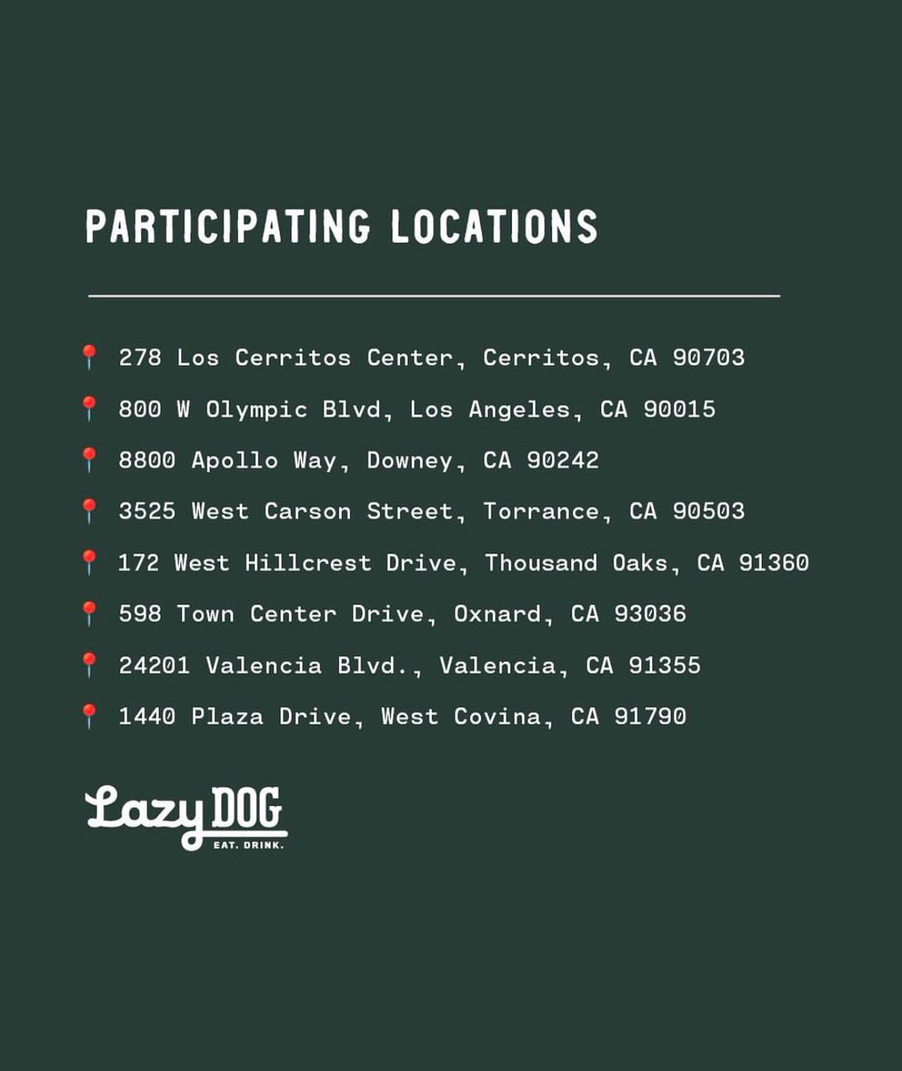 _sim0na's tweet photo. Don’t forget to dine in/take out @ one of these Lazy Dog locations tomorrow! 100% of profits go to helping those effected by the fires https://t.co/HrVqvVs50c