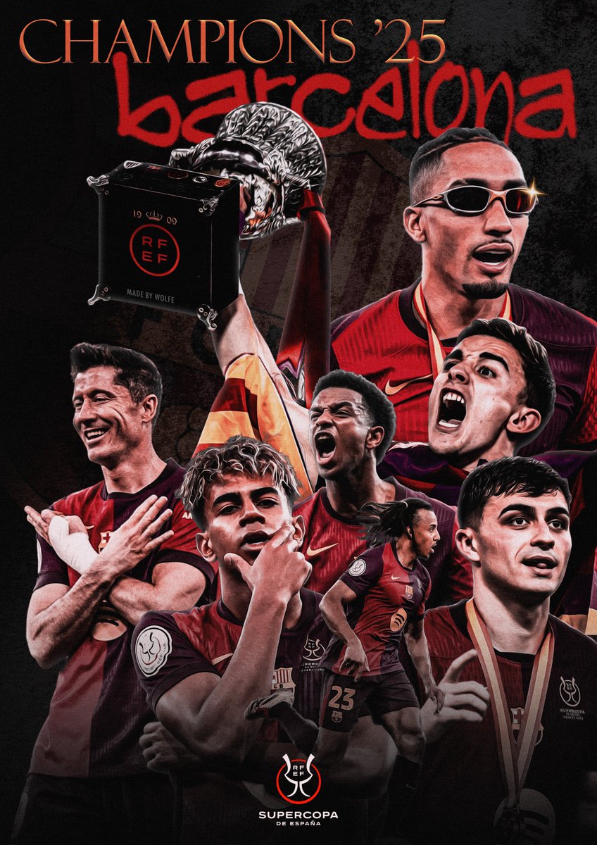 FC Barcelona poster for winning the Spanish Super Cup title! 💙❤️

#Barcelona #Football #GraphicDesign #SupercopaDeEspana #FCBarcelona #Raphinha #Lewandowski #LamineYamal #Balde #Gavi #Pedri #Kounde