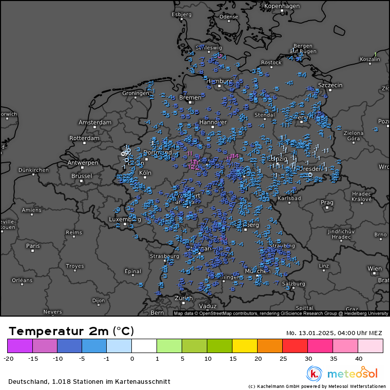 Kachelmannwettr's tweet photo. Knackig kalt zum Start in die neue Woche! Strenger #Frost in den Kaltluft-Seen in der Mitte, unsere #Meteosol-Station in der Gemeinde Hohenstein meldet aktuell -14 Grad. Alle Werte aus dem erweiterten Messnetz für Plus-Abonnenten unter https://t.co/adKLy85tpj /FA https://t.co/oNcCJuNge6