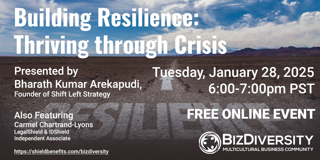Bizdiversity's tweet photo. 🚀RSVP for Building Resiliency Thriving Thru Crisis: Kick Off 2025 Strong by participating in a Free online workshop on Tuesday, January 28th from 6:00-7:00pm PST

#seattlevents #mentalwellness #mindfullness #LegalShield #BizDiversity https://t.co/lBxG9vk0ku