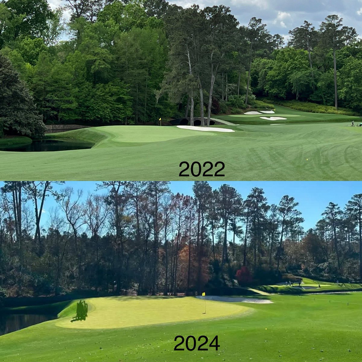 One thing you might notice at The Masters this year is less trees. Hurricane Helene in late September devastated Augusta and the golf course was not spared. Behind the 11th is an example.