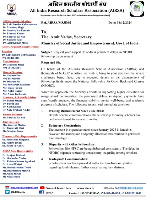 AIRSAIndia's tweet photo. NFOBC scholars have been requesting their fellowship for the past 3 months, but no concrete response has come from higher authorities.
Scholars rely on regular fellowship for their livelihood, just like government employees rely on their salaries
#SupportNFOBCScholars @MSJEGOI https://t.co/eXz7XmOi0G