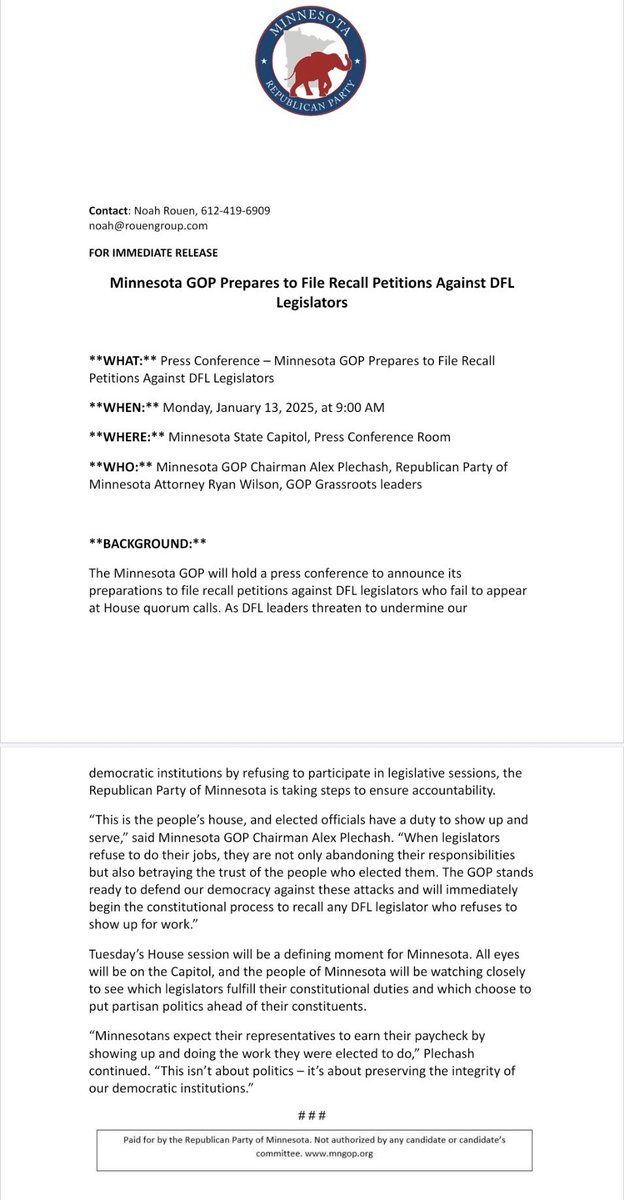 mngop's tweet photo. 🚨 Media Advisory: Jan. 13th at 9 am 🚨When legislators refuse to do their jobs, they are not only abandoning their responsibilities but also betraying the trust of the people who elected them. The GOP will immediately begin the constitutional process to recall any DFL legislator who refuses to show up for work.