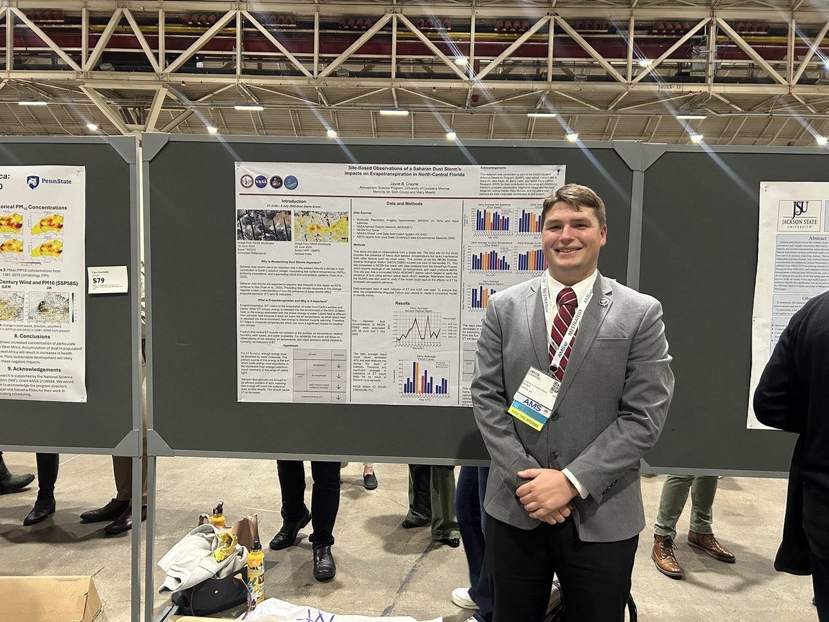 Day 2 at #AMSStudent2025! Met with a ULM Alumni and one of our members, Jayce presenting his research from his internship at NASA SARP.