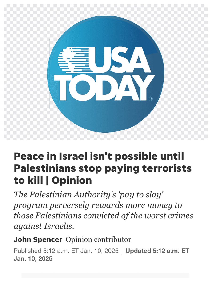 DavidSaranga's tweet photo. "The “pay to slay” program must be dismantled, like the terrorist organizations that fund it, piece by piece. Until then, it will remain a societal and economic framework that incentivizes terrorism, obstructs peace and fuels international instability. No serious effort to resolve the Israel-Palestine conflict can succeed while this program continues to operate." 

By @SpencerGuard @USATODAY 

https://t.co/OnmDk7m63S