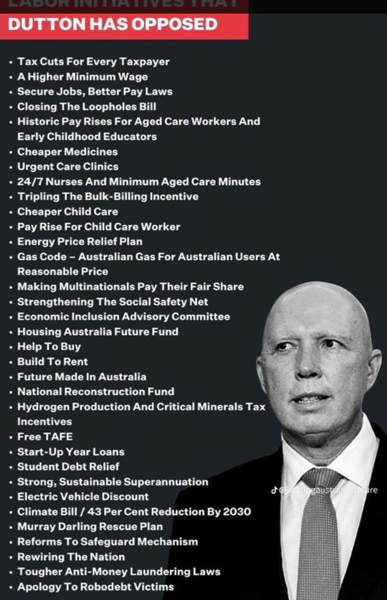 Here's a list of everything Dutton has opposed. Labor has got inflation down to 2.8% (6.1 under the LNP) created 1M jobs and made it illegal for employers to rip off workers. Are there any LNP voters out there able to tell me why they are voting for the LNP criminals?