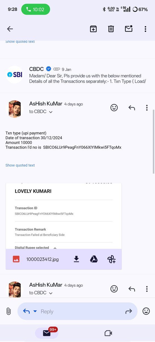 AshishPaira's tweet photo. @TheOfficialSBI @RBI Yesterday I loaded 10000 digital rupees again debited the money from Google Pay. SBI digital erupee money didn't reflect the total amount of 20k SBI, it was very bad, I am not getting any help, it is my hard work's earnings. I did email also but i didn't get any reply 😞🥺 https://t.co/VgBK4UH4ea