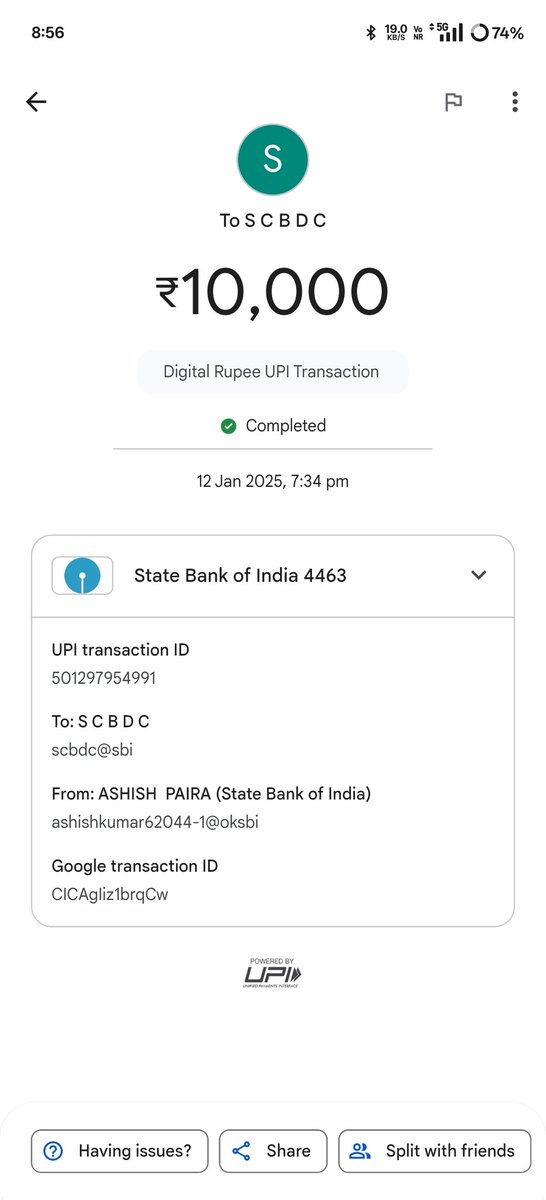 AshishPaira's tweet photo. @TheOfficialSBI @RBI Yesterday I loaded 10000 digital rupees again debited the money from Google Pay. SBI digital erupee money didn't reflect the total amount of 20k SBI, it was very bad, I am not getting any help, it is my hard work's earnings. I did email also but i didn't get any reply 😞🥺 https://t.co/VgBK4UH4ea