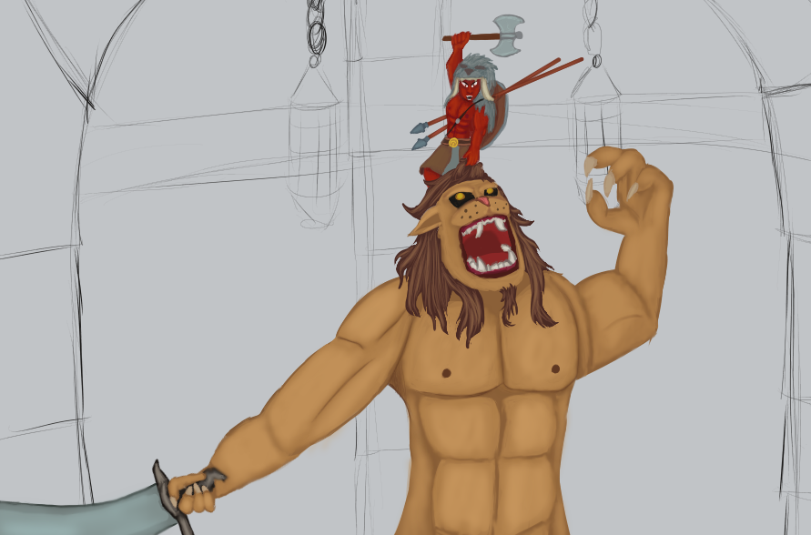 Part 2 of My WIP
Cormac of Neem taking on an Leotaur, An abomination made by the cults of Transmutations.  Made with the combination of Starved gladiators, and staved lions to make a beast that only know to kill and feed. Cormac faces one and shall feed it steal.