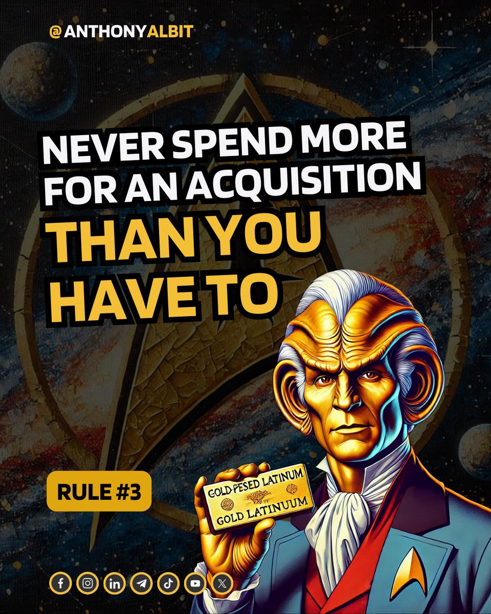 AnthonyAlbit's tweet image. Never spend more for an acquisition than you have to.

Rule of Acquisition #3

#rulesofacquisition #rule3 #startrek #ferengi #startrekfans #startrekgroup
.