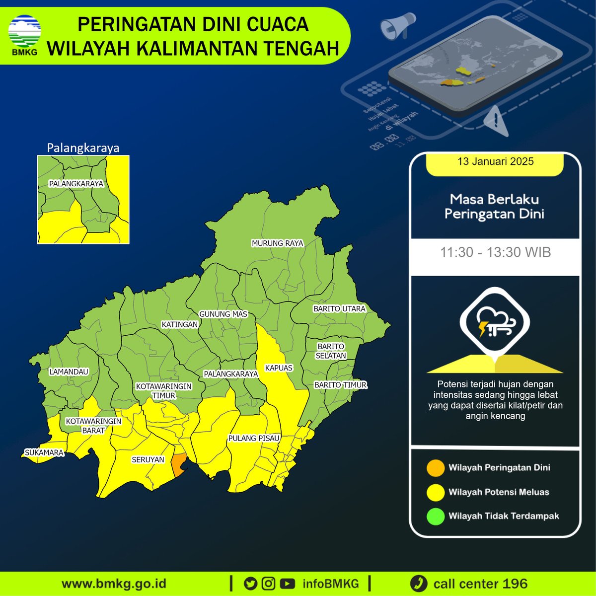 infoBMKG's tweet photo. Update Peringatan Dini Cuaca Wilayah - Kalimantan Tengah Tgl. 13 Januari 2025 pkl. 11:30 WIB
Prakirawan - BMKG - Kalimantan Tengah
https://t.co/CT4oqvcrcc https://t.co/QMb59gv8v9