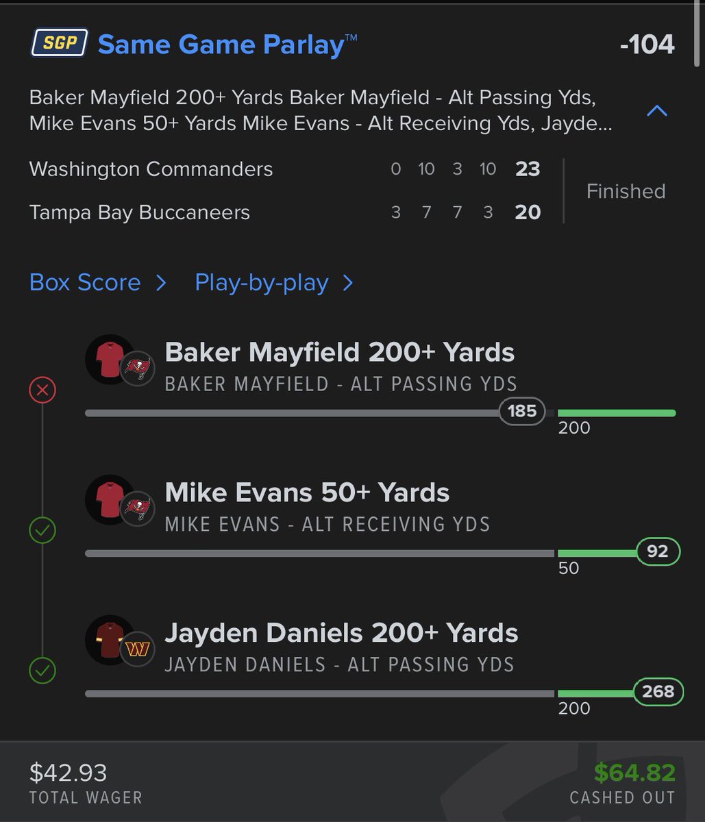 WizardOfLocks's tweet image. Kept it alive. Hedged and then cashed out. Banked on the rookie to lead a game winning drive! 

Level 3 is dropping shortly!  

$82 into $150 (taking $70 and betting $80) 

#nfl #NFLPlayoffs @FDSportsbook @BookitWithTrent @tadpolebe2021
