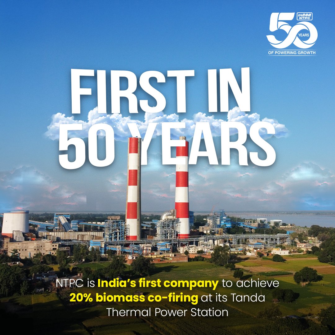 ntpclimited's tweet photo. Building on its legacy of firsts, NTPC has met and surpassed the government’s 5% biomass co-firing mandate for FY25. In May 2024, NTPC successfully co-fired 20% torrefied biomass with coal at the Tanda Plant, marking India’s first such achievement.

Biomass co-firing, the process of blending biomass with coal, helps reduce CO2 emissions and address air pollution caused by stubble burning. This milestone not only showcases NTPC’s technological expertise but also reinforces its commitment to decarbonising thermal power plants and advancing its Net Zero Emission goals.

This achievement stands as a testament to NTPC’s dedication to sustainable progress and energy innovation.

#1stIn50Years #NetZeroEmissions #EnergyInnovation #SustainableEnergy #GreenEnergy #PoweringIndia #FutureOfEnergy #IndiaEnergyJourney #LegacyOfExcellence #50YearsOfPoweringProgress #50YearsOfInfinitePossibilities #PoweringProgressResponsibly #NTPC

@MinOfPower @mlkhattar @officeofpower @CMDNTPC @PIB_India