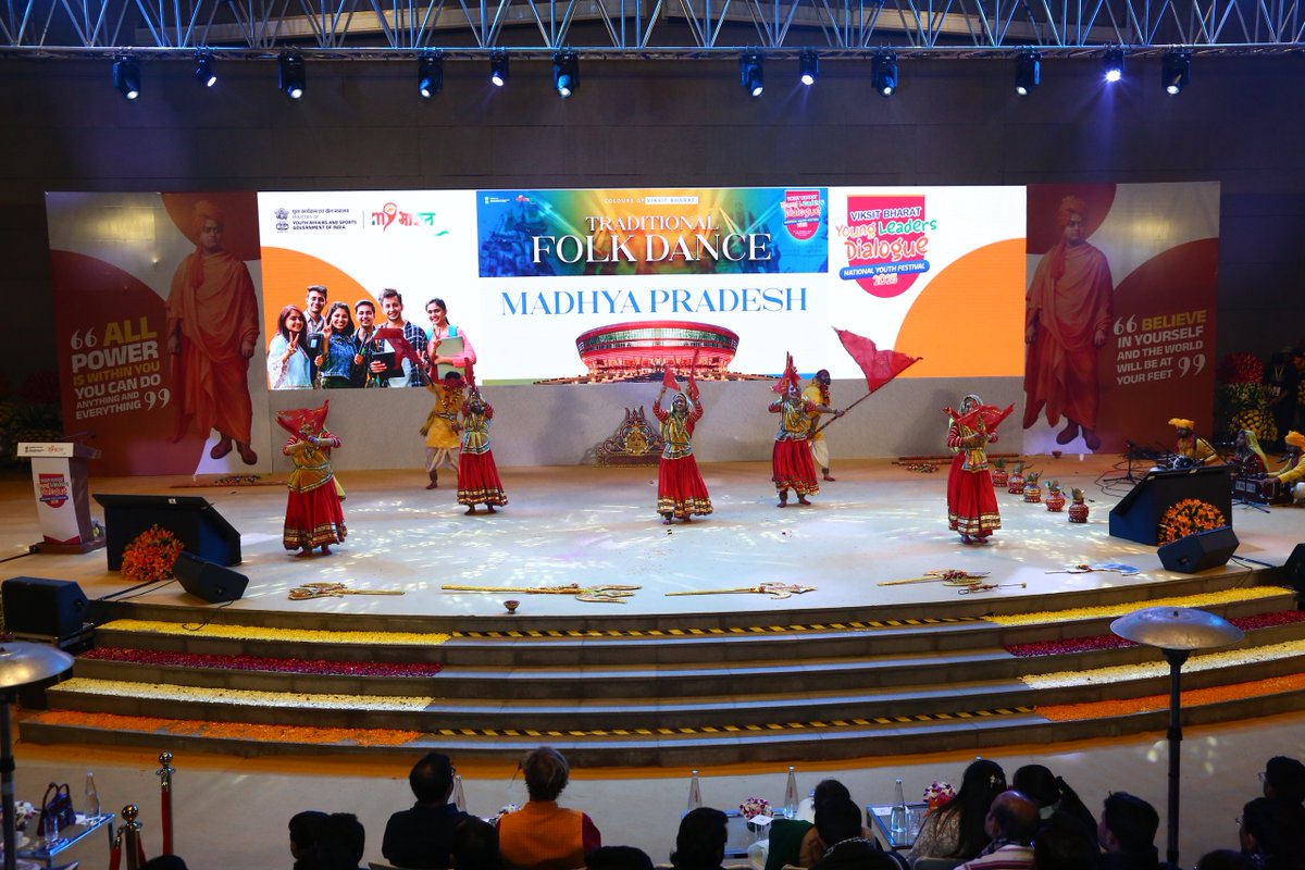 Colorful and energetic! 🌟📷 NYKS-MYBharat Madhya Pradesh’s folk dance performance brought the heart of India to life  #ViksitBharatYoungLeadersDialogue.  #VBYLD2025 #NYF2025