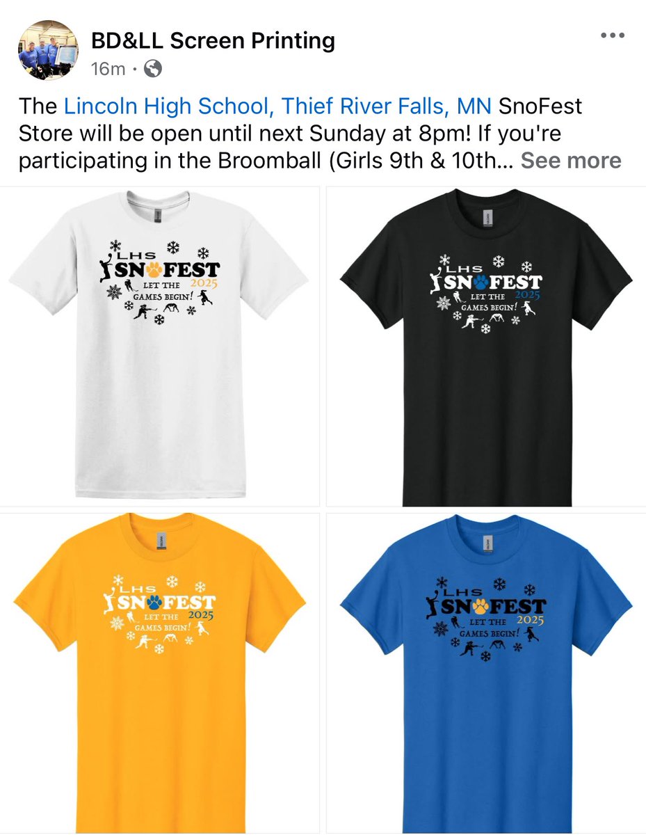 The store is up for the <a href="/LHS_TRF/">Lincoln High School</a> SnoFest! Get your shirts ordered before Sunday (January 19th), the store will close at 8pm that night!  stores.inksoft.com/lhs_snofest_20…