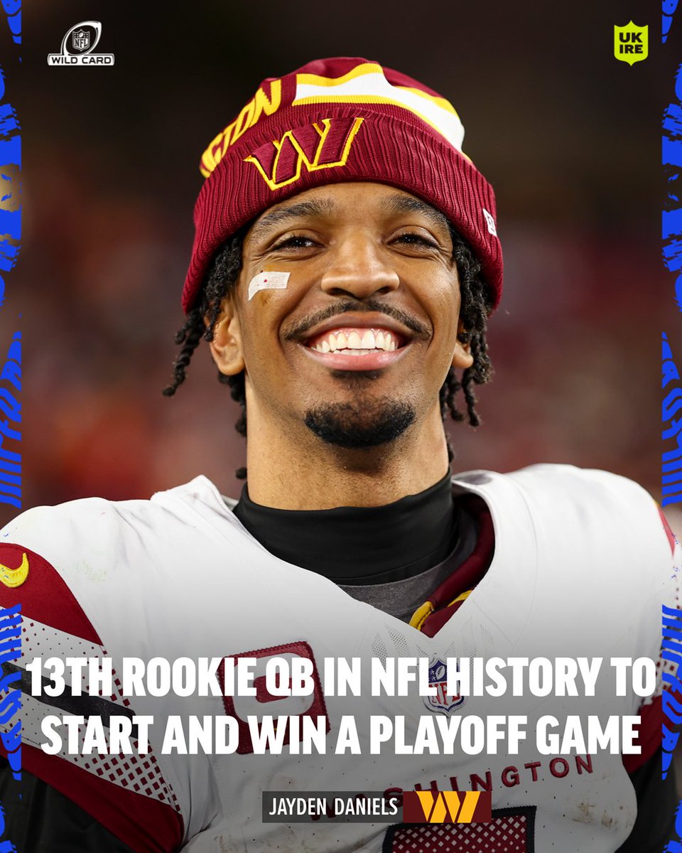 NFLUKIRE's tweet image. With the 1st @Commanders playoff win in 19 years, Jayden Daniels joins an exclusive club!