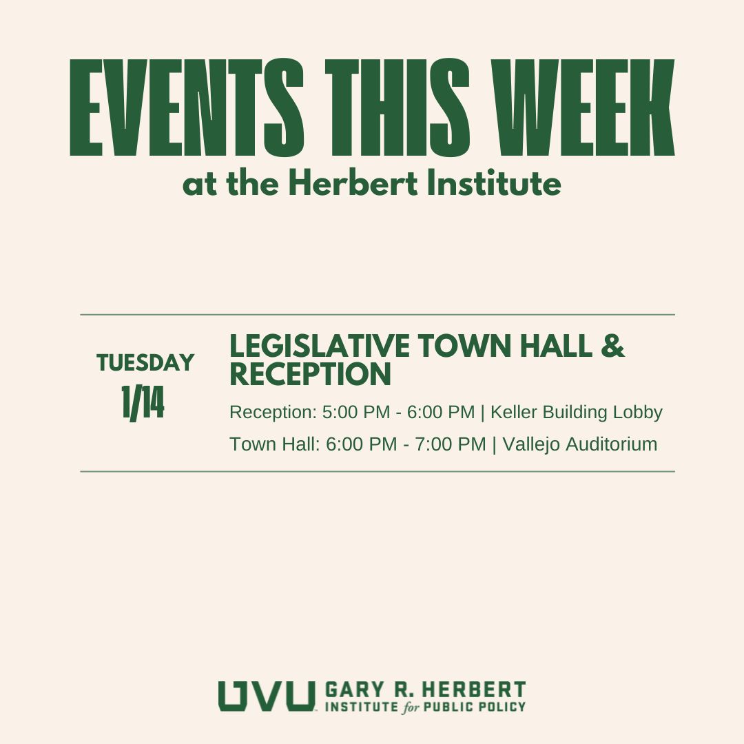 THIS WEEK at the HERBERT INSTITUTE:

TUESDAY: House Caucus Openhouse
Reception is 5–6 in the Keller Building Lobby
Town Hall is 6–7 in the Vallejo Auditorium

We hope everyone is having a great start of the semester!
#UVUHerbertInstitute