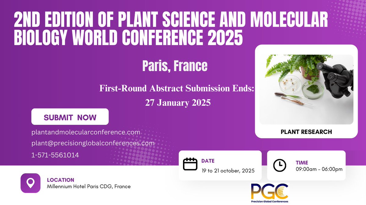 PrecisionGloba6's tweet image. 🌱First round starts now! Gear up for an exciting season of plant science innovation at PMBWC-2025. Join us today! 📅✨
SUBMIT HERE: tinyurl.com/PLANT2025
Conference dates: October 19-21
#PlantScienceConference #AgriInnovation