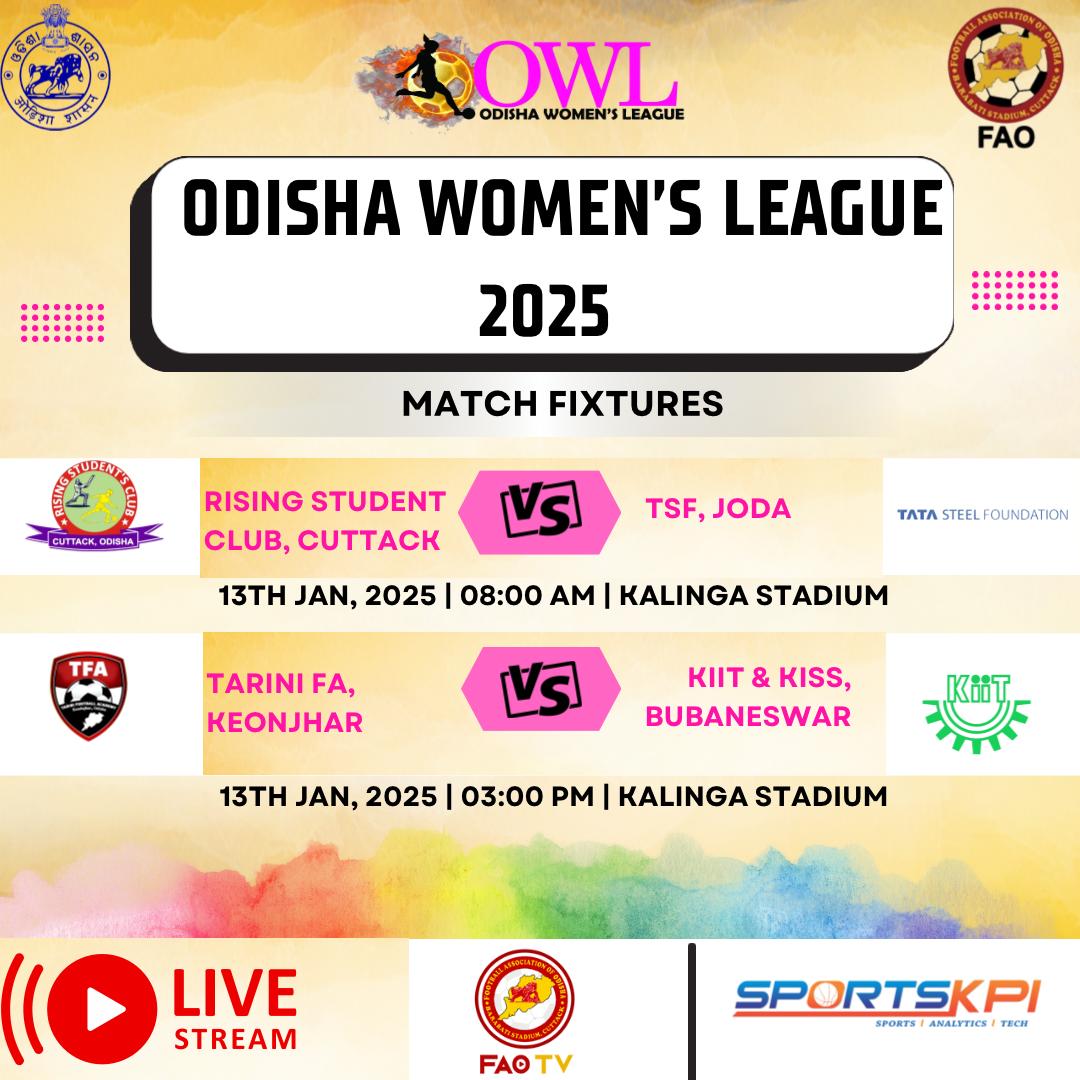 FootballOdisha's tweet photo. 📅 Here’s today’s Odisha Women’s League match fixture! Don’t miss the live action streaming exclusively on FAO TV and SportsKPI YouTube channels. 🎥⚽

👉 Subscribe now to stay updated with all the thrilling moments! 💥 #OdishaWomensLeague #LiveFootball #FAOTV #SportsKPI https://t.co/a64gx3YONN