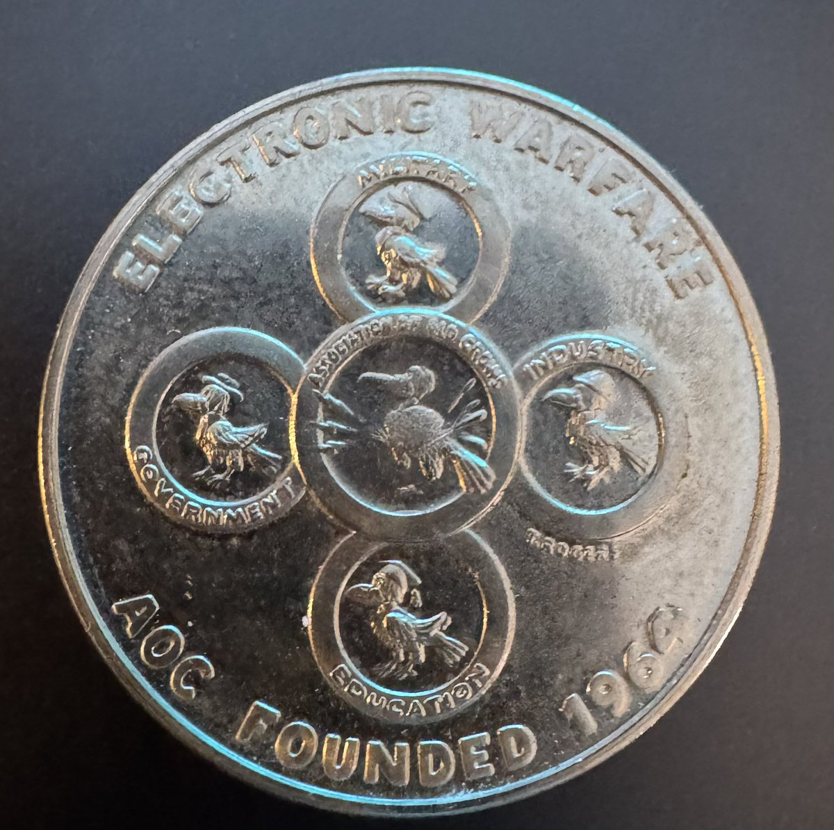 Found an <a href="/AOCrows/">Association of Old Crows (AOC)</a> challenge coin looking through some of my father’s old things. Probably got it in the 80s. Was on the Industry side of things.