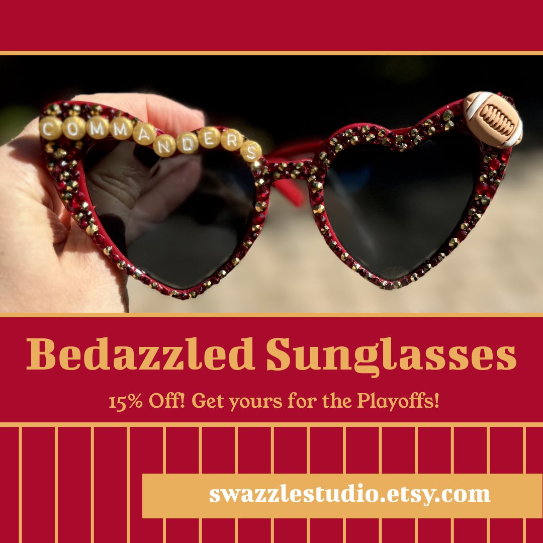 SwazzleStudio's tweet photo. #RaiseHail Celebrate your win and score your #Commanders themed bedazzled sunglasses for a playoff run! Now 15% off through Super Bowl weekend!! 

https://t.co/PRWwv4ceAn https://t.co/2XhbO1CVrD