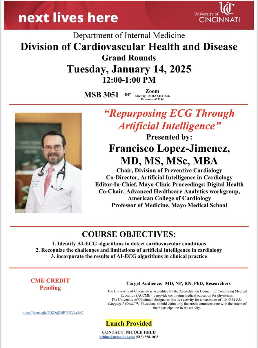 Umama Gorsi (@gorsi_umama) on Twitter photo 🚨 Cutting-edge innovation alert! 🚨
Join us for #CVGrandRounds at @UCincyMed featuring the trailblazing Dr. Francisco Lopez-Jimenez (<a href="/MayoClinic/">Mayo Clinic</a>), an AI in Cardiology pioneer.
🧠 Repurposing ECG Through Artificial Intelligence
📅 Tuesday, Jan 14, 2025
⏰ 12-1 PM ET
📍 MSB/zoom 🚨 Cutting-edge innovation alert! 🚨
Join us for #CVGrandRounds at @UCincyMed featuring the trailblazing Dr. Francisco Lopez-Jimenez (<a href="/MayoClinic/">Mayo Clinic</a>), an AI in Cardiology pioneer.
🧠 Repurposing ECG Through Artificial Intelligence
📅 Tuesday, Jan 14, 2025
⏰ 12-1 PM ET
📍 MSB/zoom