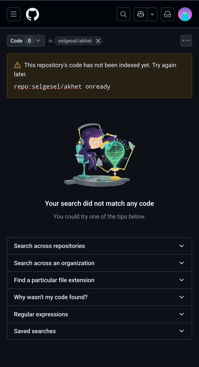 selgesel's tweet photo. Few things are as useless as GitHub's code search functionality. I'd understand if they postpone indexing until the first code search, but not that it would take hours.
It's been well over an hour since I've had this screen. In that time I could've read through the entire code https://t.co/XQHxZqZfj0