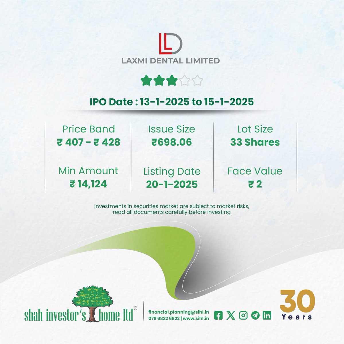 shahinvestors's tweet photo. A wise IPO investment today can pave the way for a prosperous tomorrow...
#laxmidentallimited IPO OPENS FROM TODAY FOR SUBSCRIPTION

Check out the details on our website :
https://t.co/tgDBl0BSSK

#ipoinvestments #IPOAlert #investinipo #investmentsinstocks #ipoinvesting https://t.co/B6CDJ7vrmr