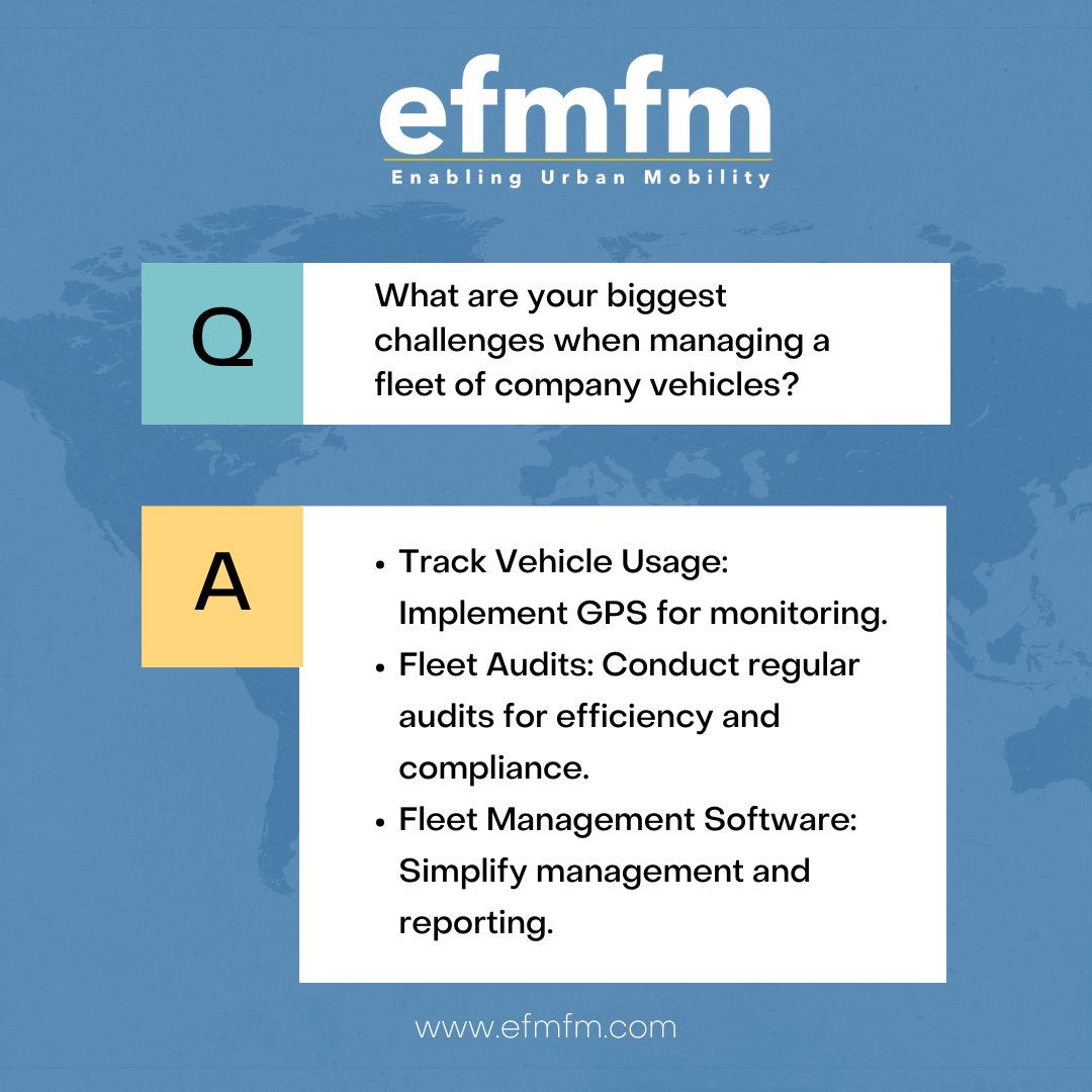 NGFV_efmfm's tweet photo. Fleet management challenges?

Track usage with GPS, conduct fleet audits, and use management software to streamline operations. What’s your biggest challenge? Let’s discuss in the comments! 👇

#fleetmanagement #business #transportation #challenges #solutions

EFMFM can help https://t.co/7QfRBqNM6Q