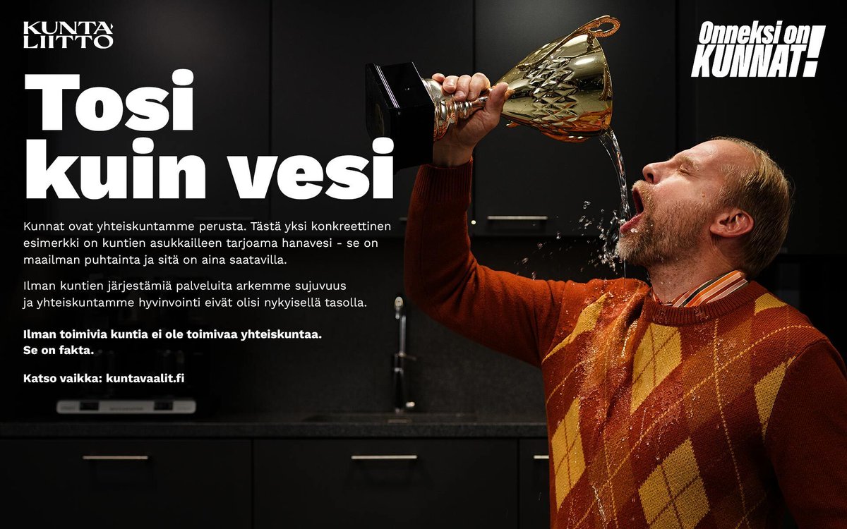 💡 Tosi kuin vesi! 💡

Ilman toimivia kuntia ei ole toimivaa yhteiskuntaa – se on fakta. Kunnat varmistavat arjen sujuvuuden hanavedestä kouluihin ja ympäristöön. Onneksi on kunnat!-kampanja on alkanut!

Lue lisää: kuntavaalit.fi
#OnneksiOnKunnat #Kuntavaalit2025 #Kunnat