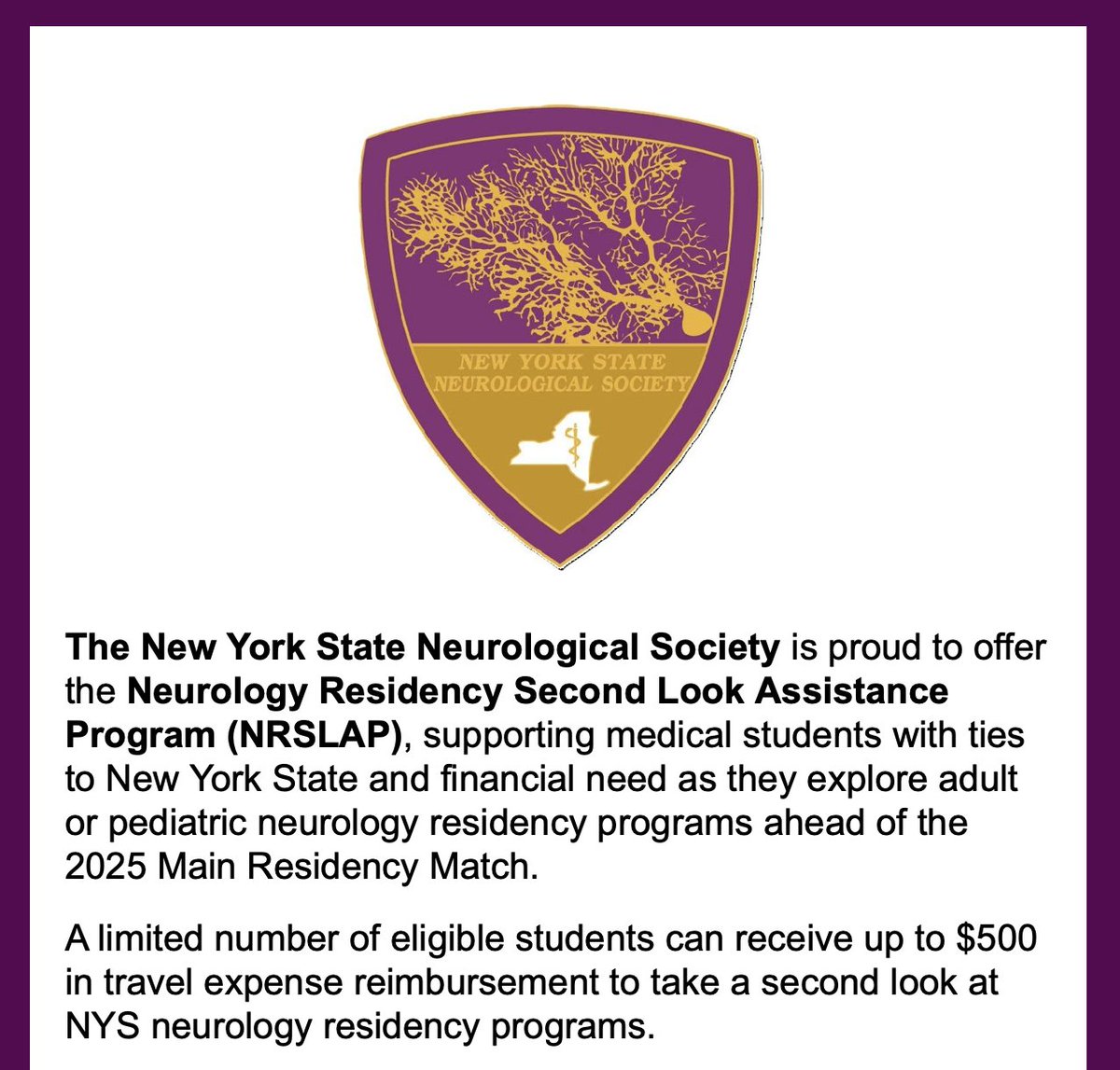 NY State Neurological Society (@nysneurosociety) on Twitter photo Announcement! We are excited to announce our #Neurology Residency Second Look Assistance Program for #match2025 for students tied to New York State.
Apply by 1/27/25 here: nymc.co1.qualtrics.com/jfe/form/SV_8u…
<a href="/AANmember/">American Academy of Neurology</a> @NMatch2025 <a href="/Inside_TheMatch/">Inside The Match</a> Announcement! We are excited to announce our #Neurology Residency Second Look Assistance Program for #match2025 for students tied to New York State.
Apply by 1/27/25 here: nymc.co1.qualtrics.com/jfe/form/SV_8u…
<a href="/AANmember/">American Academy of Neurology</a> @NMatch2025 <a href="/Inside_TheMatch/">Inside The Match</a>