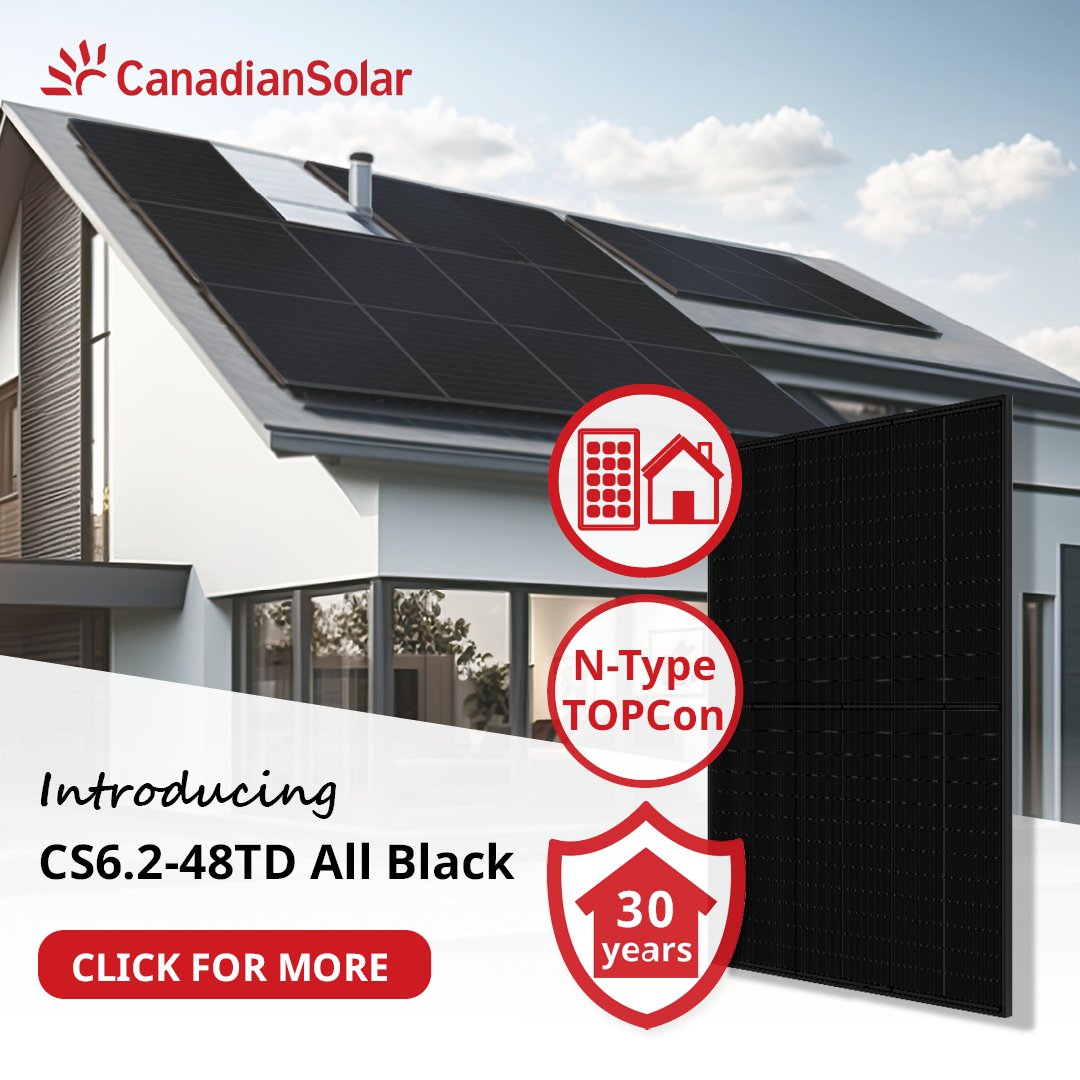 Canadian_Solar's tweet photo. Kickstart 2025 with Canadian Solar's latest innovation in #residential #solar technology. The new CS6.2-48TD All-Black Module combines cutting-edge performance and sleek design to transform your energy solutions. Learn More : https://t.co/QzKZLKe4hH
#CanadianSolarAU #CS62 https://t.co/niXM37R1HZ
