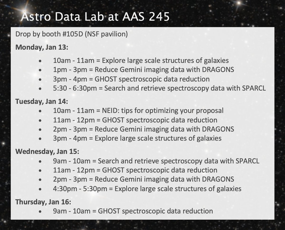 DataLabAstro's tweet image. Hi everyone, we're excited to attend #AAS245🔭
Come see live demos of Data Lab, SPARCL, Gemini data reduction & grab Data Lab postcards at the NOIRLab booth # 105D (NSF pavilion).
Demo schedule posted below and in our January Newsletter: datalab.noirlab.edu/newsletters/ne…