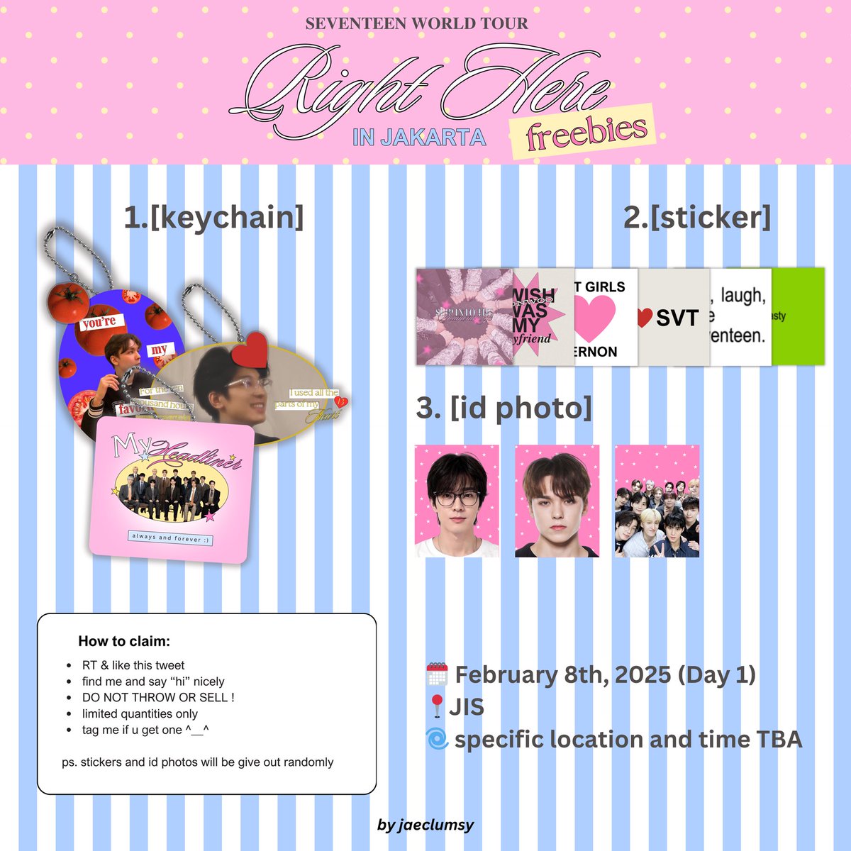 jaeclumsy's tweet photo. freebies seventeen right here world tour concert in jakarta by @jaeclumsy 🩷🩵

🗓️ 8 februari 2024
📍Jakarta International Stadium (JIS) ❕specific location and time tba

like &amp; rt are vv much appreciated 🥹‼️
see youuuu <3

#SEVENTEEN_RIGHT_HERE_IN_JAKARTA https://t.co/Mqkpj1Gdd3